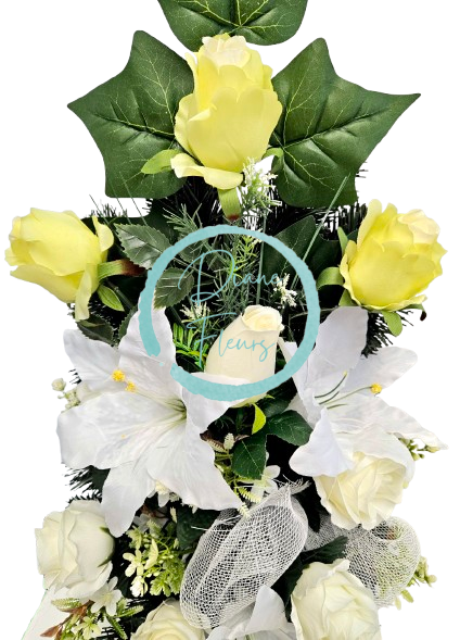 Umelá kytica pohrebná ruže, ľalie a doplnky 75cm x 35cm