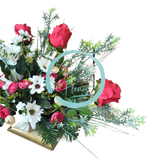 Bellissima composizione funebre a forma di cuore, in cemento, esclusive margherite artificiali, rose, camelie e accessori 70 cm x 28 cm x 35 cm AS526