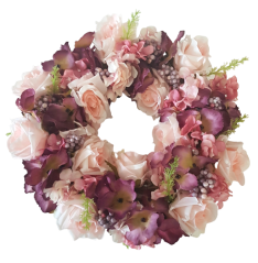 Pleten venec okrašen z umetnimi vrtnicami in hortenzijami O 30cm
