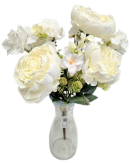 Buchet artificial de bujori, hortensie si accesorii 42cm crem