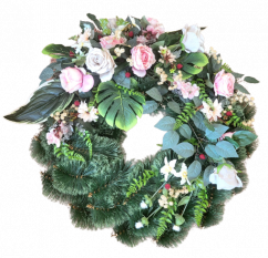 Coroană funerara de pin Exclusiv trandafiri artificiali, bujori, hortensii, gerbere și accesorii 70cm x 80cm
