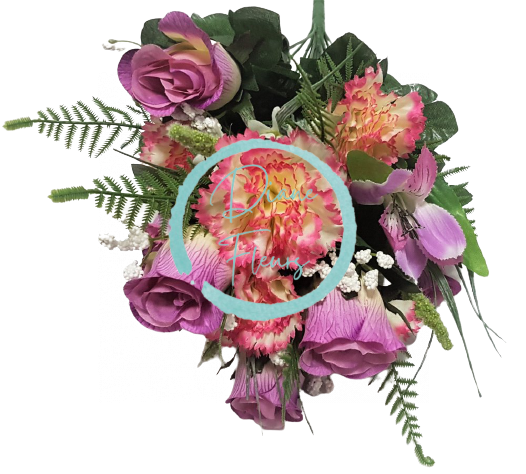 Ruža, alstromerija i karanfil x18 buket ljubičasta 50cm umjetna