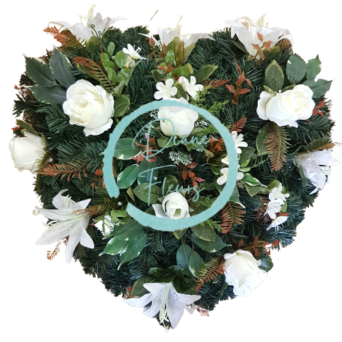Artificial Wreath Heart Shaped with Roses, Lilies and accessories 65cm x 65cm Cream, Green, Brown