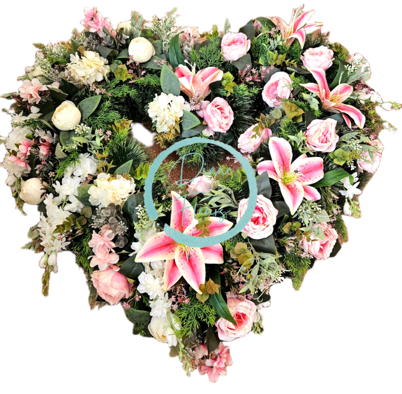Künstliche Trauerkranz Herz Exklusiv Pfingstrosen, Delphinium und Zubehör 100cm x 90cm
