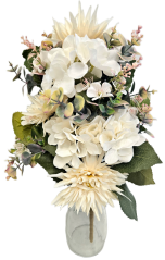 Buchet artificial exclusiv Dalii, Hortensii și accesorii 52cm x 30cm crem
