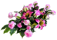 Aranjament pentru cimitir de trandafiri, garoafe, crini si accesorii 58cm x 30cm x 24cm AS1076