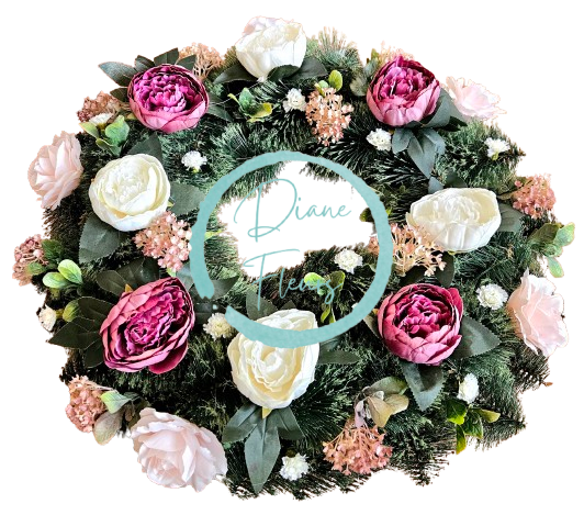Smuteční věnec borovicový exclusive pivoňky, růže, hortenzie, drobné kvítky a doplňky 65cm AS1033