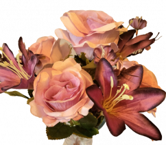 Rózsa, százszorszép és liliom csokor x7 lila, rózsaszín 44cm művirág
