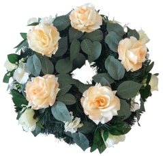Coroana cu trandafiri artificiali, hortensii și accesorii Ø 50cm crem, roz, verde