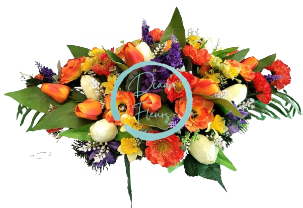 A beautiful sympathy arrangement in the shape of a heart made of artificial Tulips, Poppies, Anemone, Lavender and Accessories 67cm x 40cm x 30cm