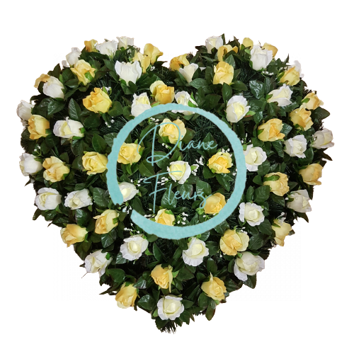 Pogrebni venec Srce vrtnic 80cm x 80cm rumena & smetana umetno