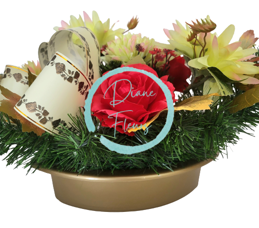 Žalobni aranžman umjetne krizanteme, ruže i dodaci 48cm x 28cm x 20cm