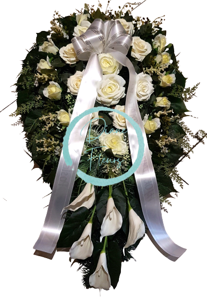 Nádherný smútočný veniec s umelými ružami a kalami 100cm x 60cm krémová, zelená