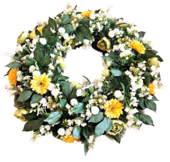 Luxusní smuteční věnec borovicový exclusive pivoňky, gerbery, sedum a doplňky 90cm AS1026
