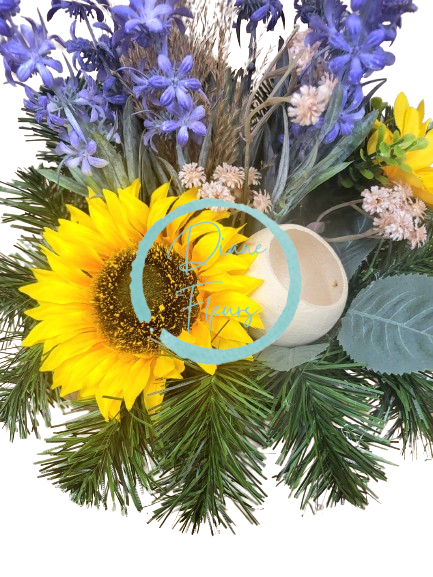 Smútočný aranžmán betonka umelá slnečnica, margarétka, levanduľa a doplnky 26cm x 22cm x 38cm