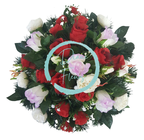 Smuteční věnec z umělých růží a pivoněk 44cm červená, fialová, krémová AS310