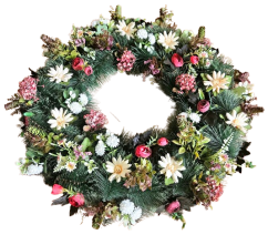 Luxusný smútočný veniec borovicový exclusive ranunculus, margarétky, chryzantémy, drobné kvietky, chmeľ a doplnky 80cm