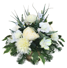 Trauergesteck aus künstliche Chrysanthemen, Pfingstrosen, Nelken, Alstroemerien und Zubehör Ø 45cm x 35cm