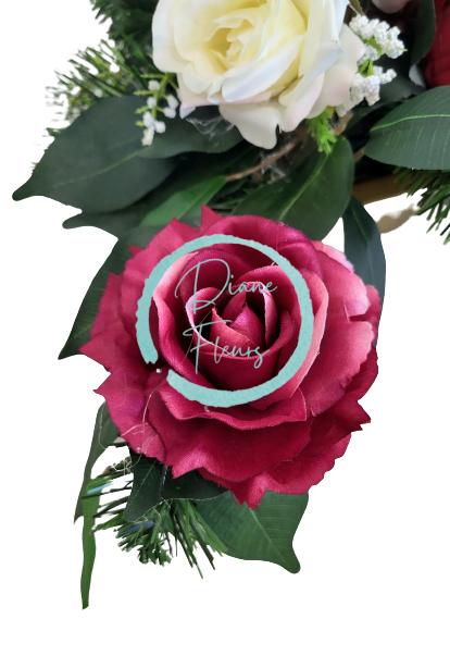 Sympathy arrangement made of artificial Peonies, Roses and Accessories 65cm x 38cm x 23cm