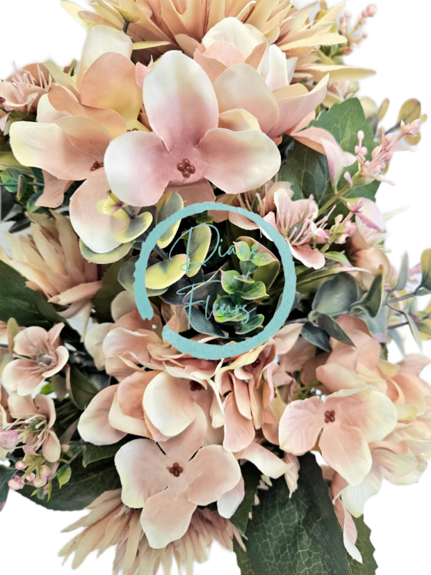 Ekskluzywny bukiet sztuczny Dalie, Hortensje i dodatki 52cm x 30cm różowy