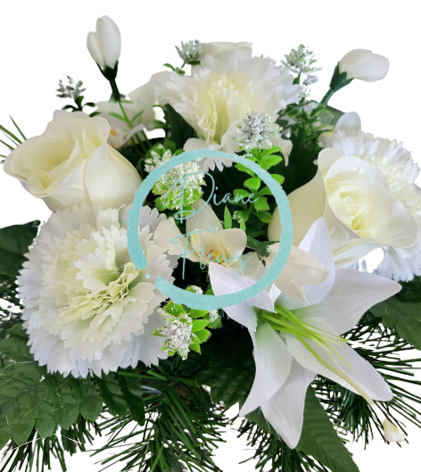 Aranjament pentru cimitir de garoafe artificiale, trandafiri, orhidee, crini și accesorii Ø 30cm x 20cm