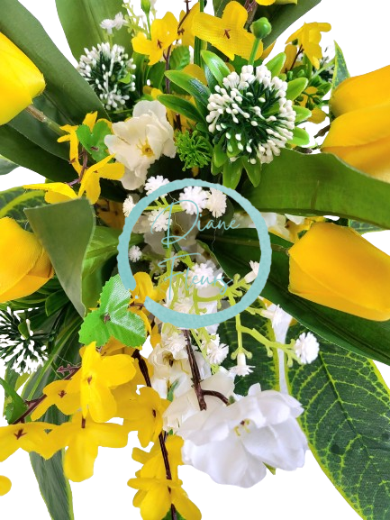 Sympathy arrangement made of artificial Tulips, Golden Shower and Accessories 67cm x 35cm x 25cm