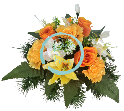 Aranjament pentru cimitir de garoafe artificiale, trandafiri, orhidee, crini și accesorii Ø 30cm x 20cm