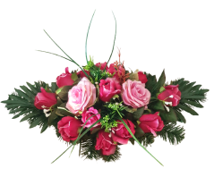 Frumos aranjament de doliu de trandafiri artificiali si accesorii 53cm x 27cm x 23cm roz, burgundia