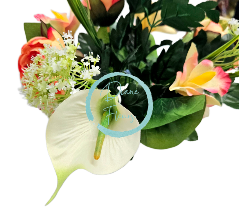 Buchet artificial Bujor, Alstromeria, Calla și accesorii 42cm piersicii