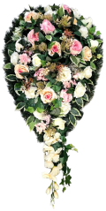Veliki i luksuzni pogrebni vijenac "List" umjetne božuri, ruže, hortenzije, čičak, gladiole i dodaci 120cm x 65cm