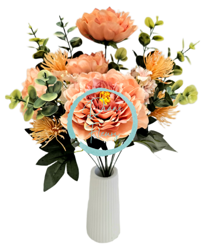 Umelá kytica Pivonky, Eukalyptus, Bodliak a doplnky 46cm broskyňová