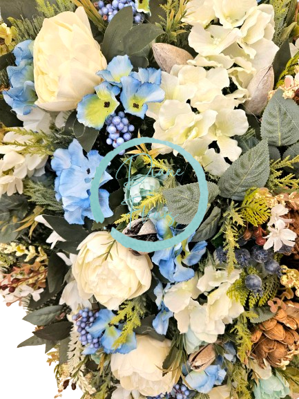 Luxury Artificial Pine Wreath Exclusive Peonies, Hydrangeas and Accessories 100cm x 80cm