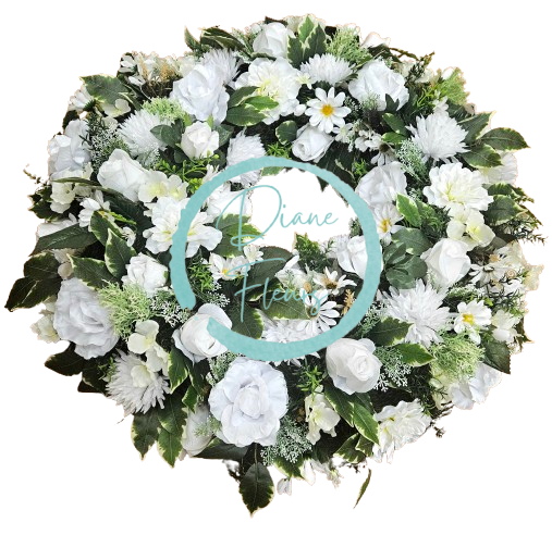 Smuteční věnec borovicový exclusive hortenzie, růže, clematis, chryzatémy, kopretiny a doplňky 80cm AS994