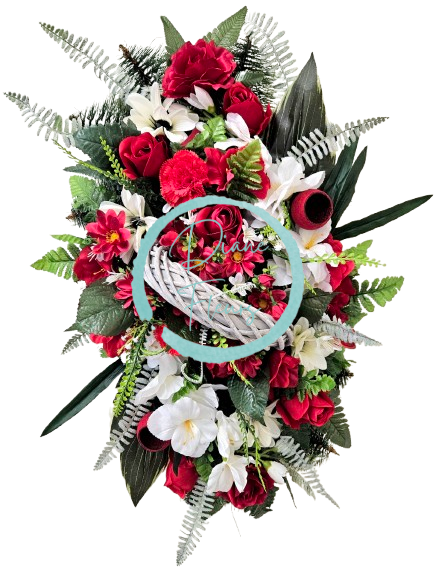 Luxusný smútočný veniec borovicový exclusive ruže, gladioly, margarétky, prútený veniec 75cm x 45cm