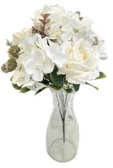 Umělá kytice růže, hortenzie a doplňky x9 44cm krémová