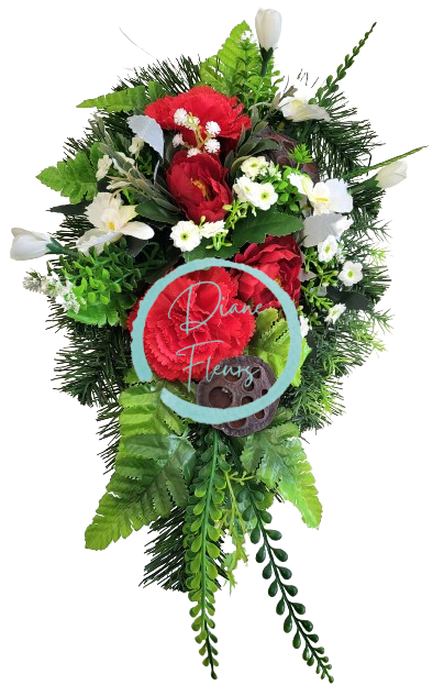 Smuteční aranžmán betonka umělé karafiáty, kalanchoe a doplňky 45cm x 27cm x 16cm AS774