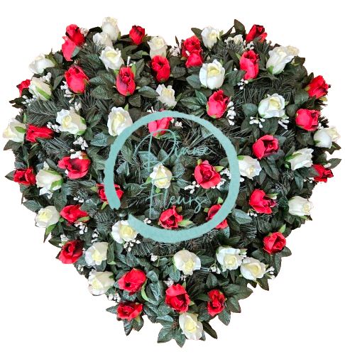 Temetési koszorú "szív" rózsák 80cm x 80cm vörös és krém