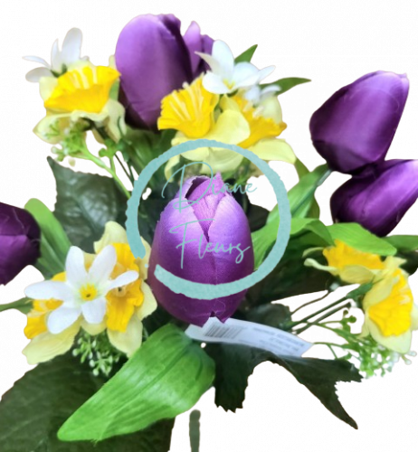 Artificial Tulips & Narcissus Bouquet x12 33cm Purple, Yellow