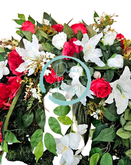 Luksusowy wieniec ze sztucznej sosny ekskluzywne róże, mieczyki, lilie i akcesoria 90cm