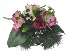 Aranjament Trandafiri artificiali și Garoafe și Pansulete și Accesorii 25cm x 15cm