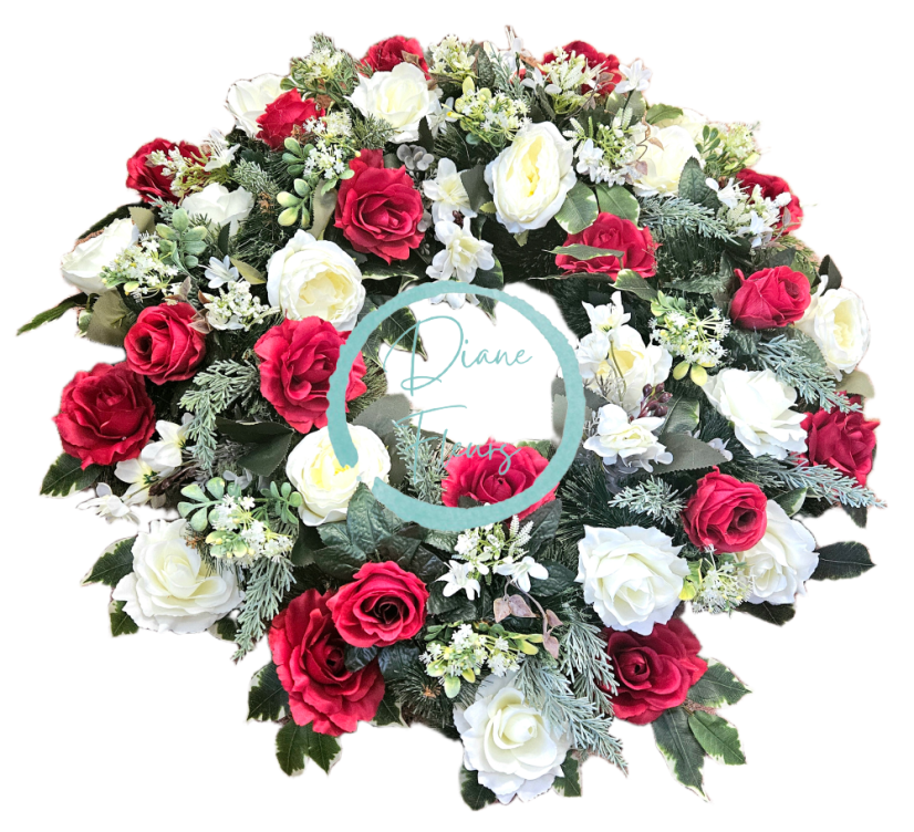 Погребален венец от бор, ексклузивни рози, божури и аксесоари 75 см AS1047