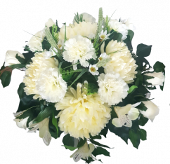 Trauergesteck aus künstliche Chrysanthemen, Rosen, Nelken, Alstroemerien und Zubehör Ø 45cm x 35cm