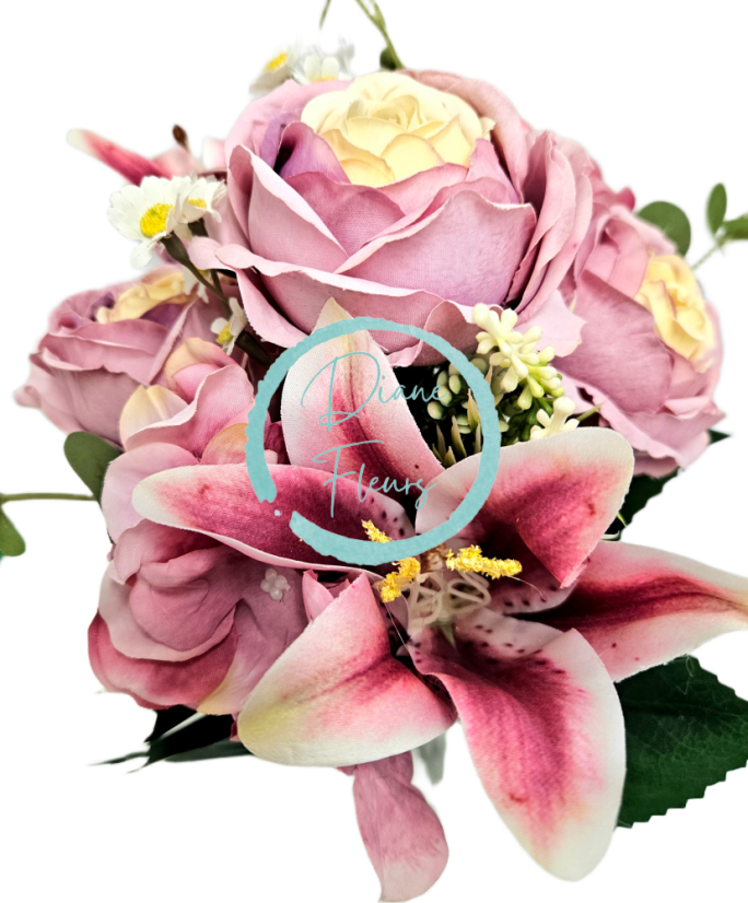 Mazzo artificiale di peonie, gigli, ortensie e accessori 46 cm rosa