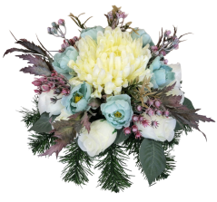 Trauergesteck aus künstliche Rosen, Pfingstrosen, Chrysanthemen und Zubehör Ø 30cm x 20cm