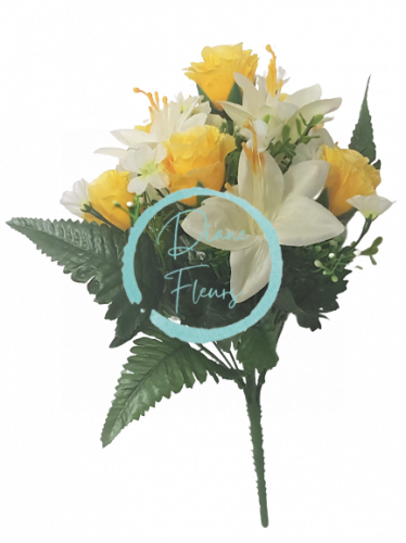 Künstliche Ein Strauß aus Rosen&Lilien "13" gelbe & weiß (32cm)