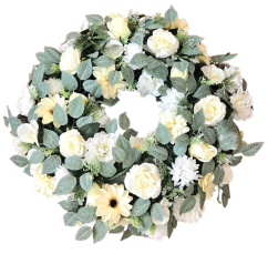 Temetési fenyőkoszorú Exkluzív rózsák, krizantém, dáliák, clematis és kiegészítők 80cm