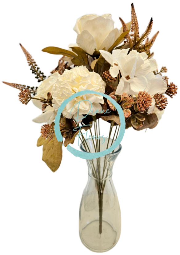 Изкуствен букет от рози, цинии и аксесоари 48 см кремав