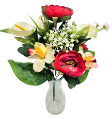 Umělá kytice Pivoňka, Alstromeria, Kala a doplňky 42cm červená
