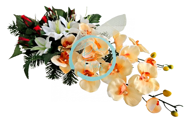 Aranjament pentru cimitir de orhidee artificiale, crini si accesorii 60cm x 28cm x 20cm