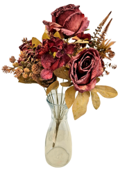Изкуствен букет от рози, цинии и аксесоари 48 см бордо